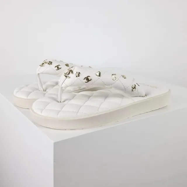Chanel Quilted Metal-Studded White Thong Slippers 9