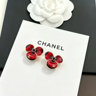 Chanel Red Black Floral Stud Enamel Earrings