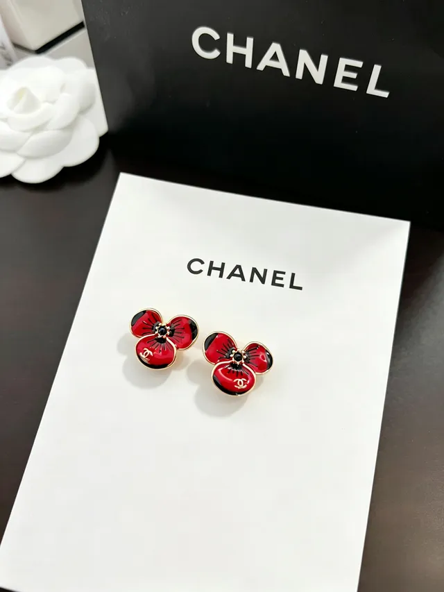 Chanel Red Black Floral Stud Enamel Earrings 7