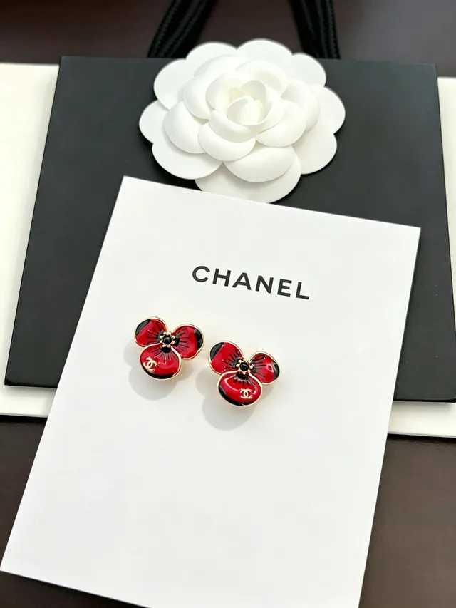 Chanel Red Black Floral Stud Enamel Earrings 9