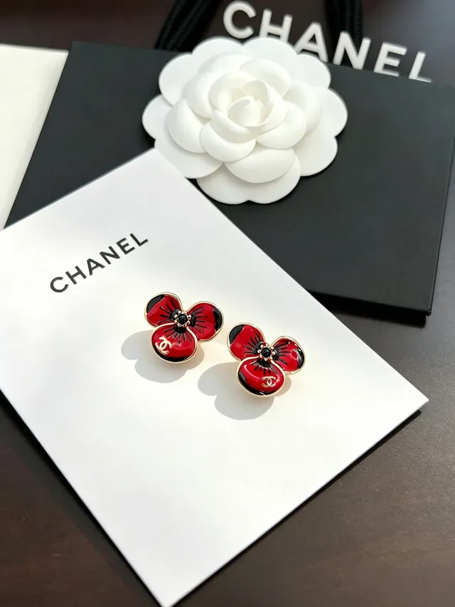 Chanel Red Black Floral Stud Enamel Earrings 11