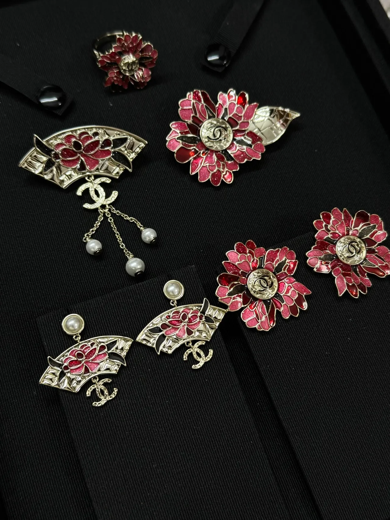 Chanel Red Gold Enamel Floral Glitter-Infused Earrings 2