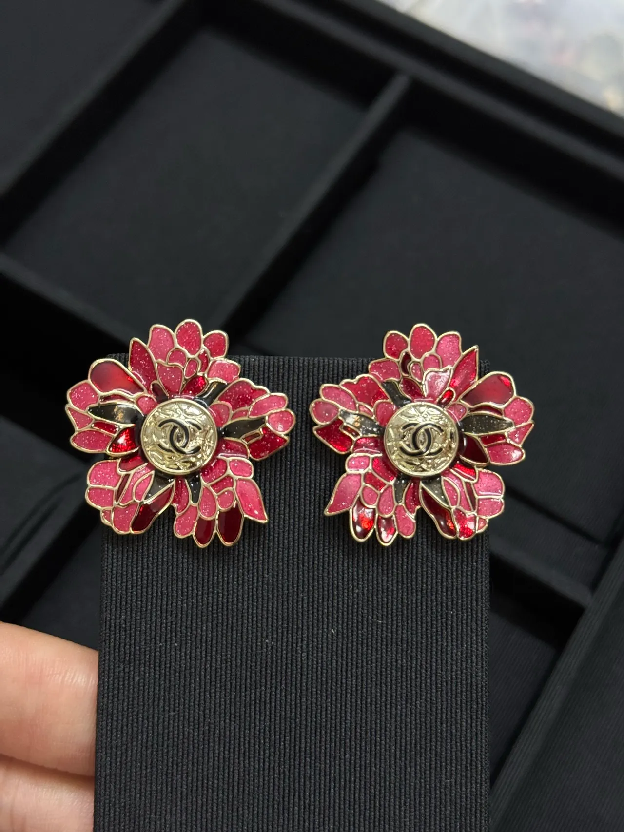 Chanel Red Gold Enamel Floral Glitter-Infused Earrings 4