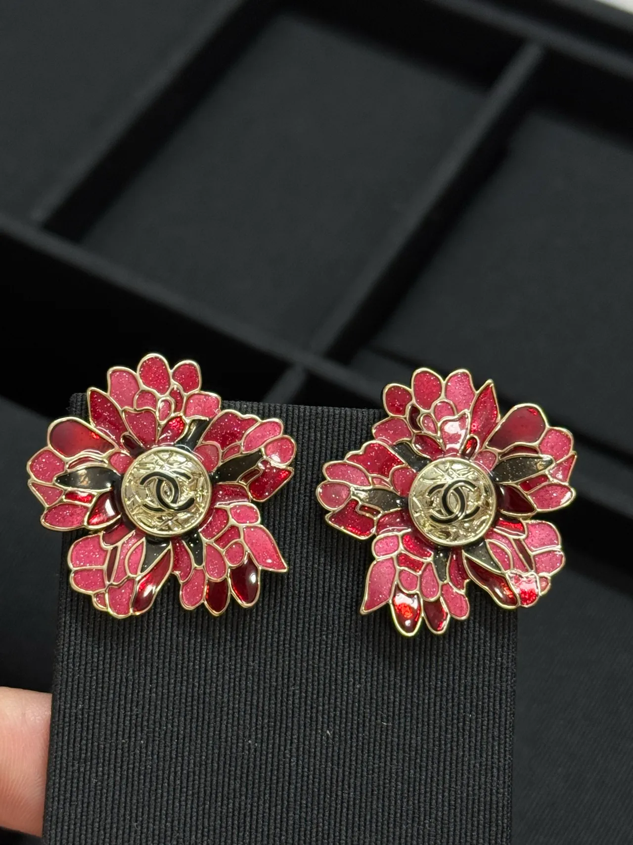 Chanel Red Gold Enamel Floral Glitter-Infused Earrings 6