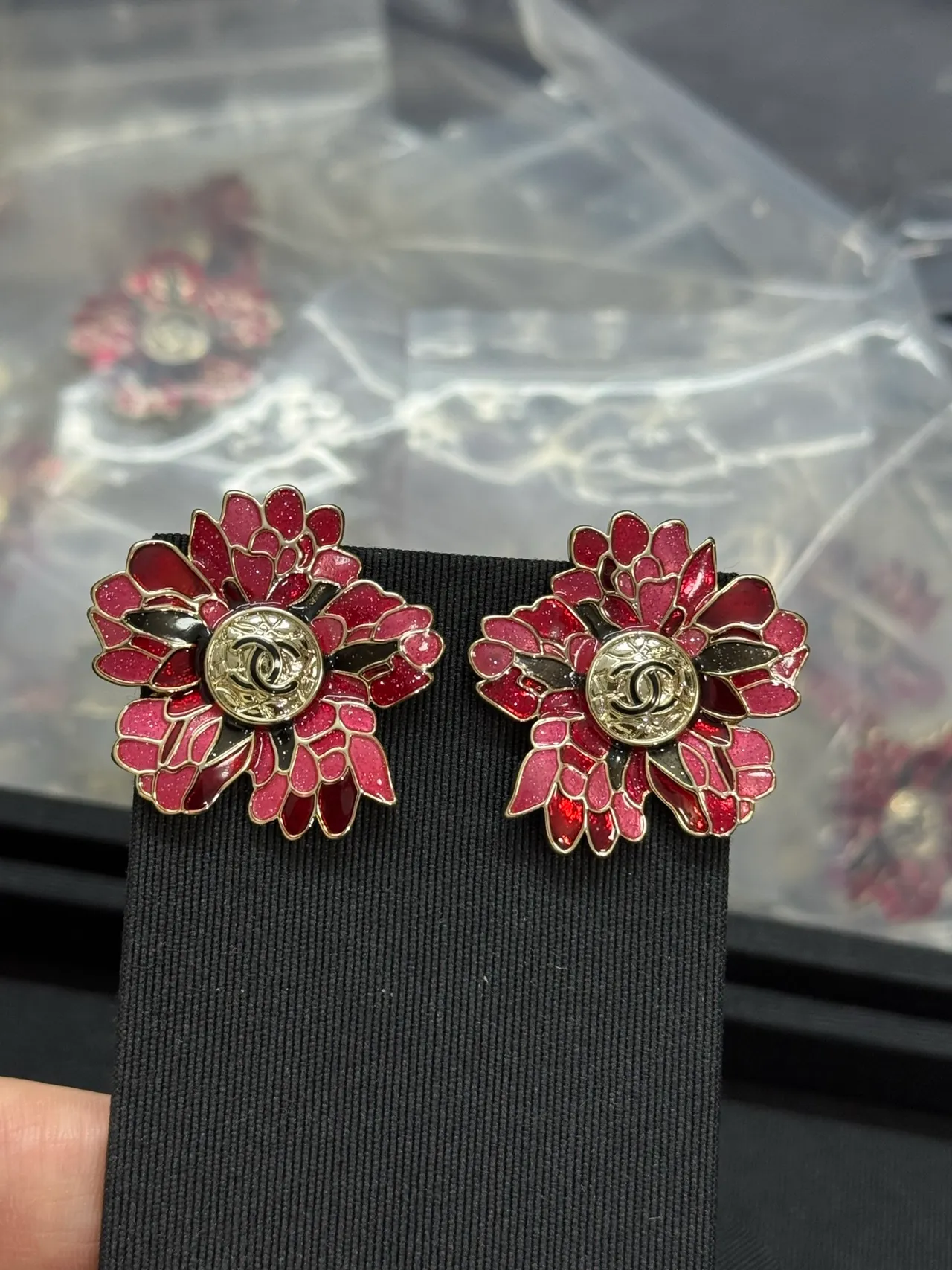 Chanel Red Gold Enamel Floral Glitter-Infused Earrings 9