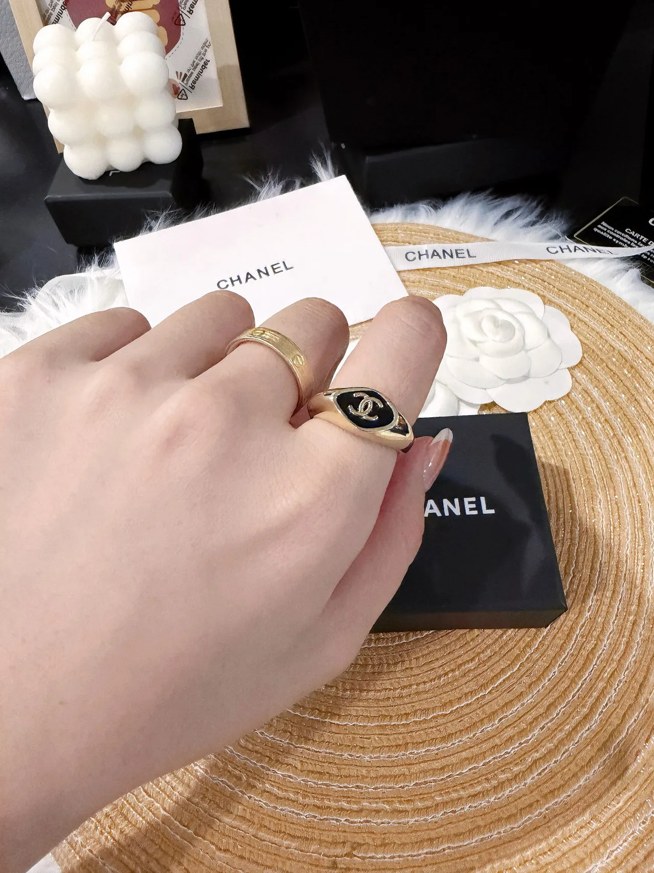 Chanel Bague Signet Or Noir Émail Incrustation Bague 8