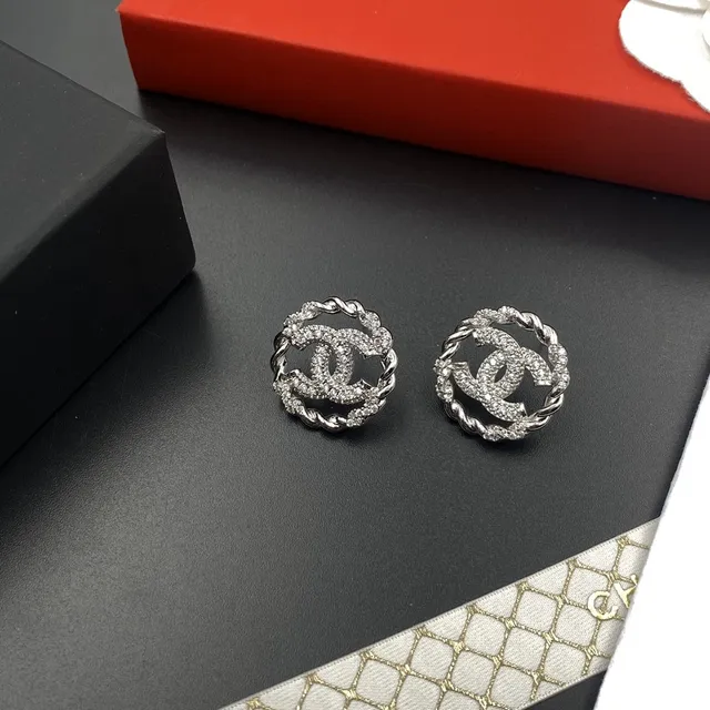 Chanel Silver Transparent Circular Stud Twisted Rope Border Earrings 4