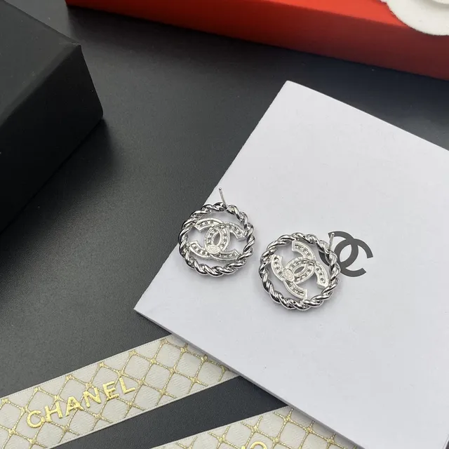 Chanel Silver Transparent Circular Stud Twisted Rope Border Earrings 6