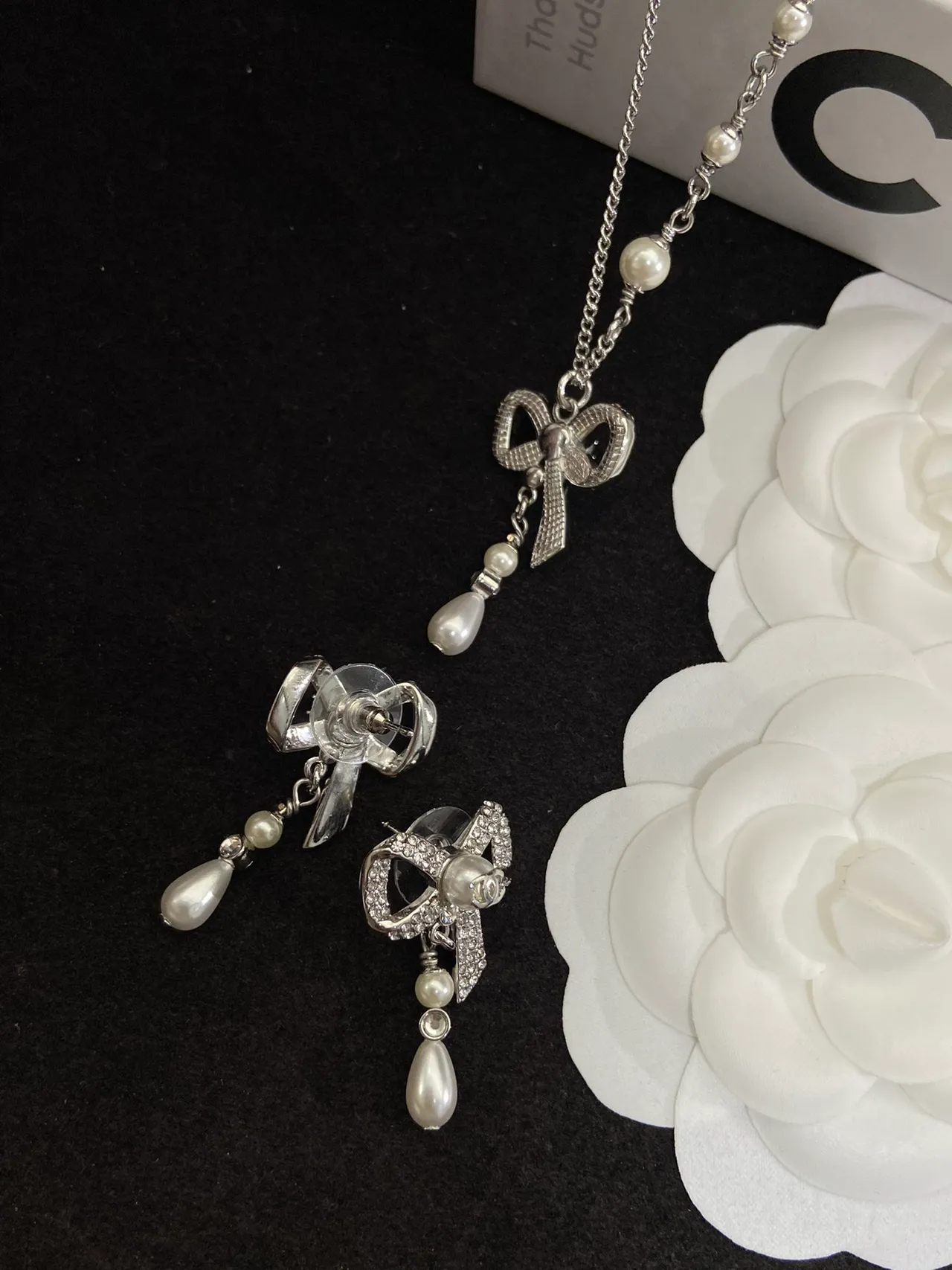 Chanel Silver White Bow Motif Pearl Teardrop Dangles Necklace 2
