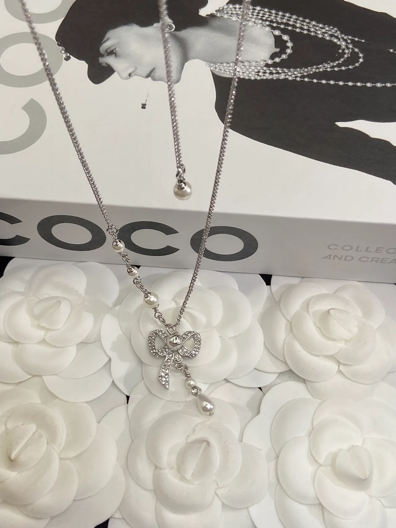 Chanel Silver White Bow Motif Pearl Teardrop Dangles Necklace 6