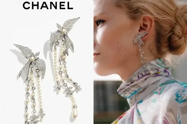 Chanel Silver White Crystal-Encrusted Bird-Top Multi-Strand Pearl Drop Earrings 2