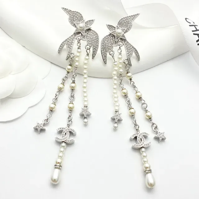 Chanel Silver White Crystal-Encrusted Bird-Top Multi-Strand Pearl Drop Earrings 4