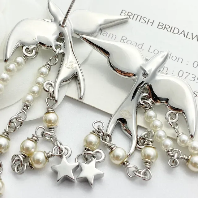 Chanel Silver White Crystal-Encrusted Bird-Top Multi-Strand Pearl Drop Earrings 5