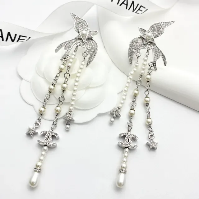 Chanel Silver White Crystal-Encrusted Bird-Top Multi-Strand Pearl Drop Earrings 7