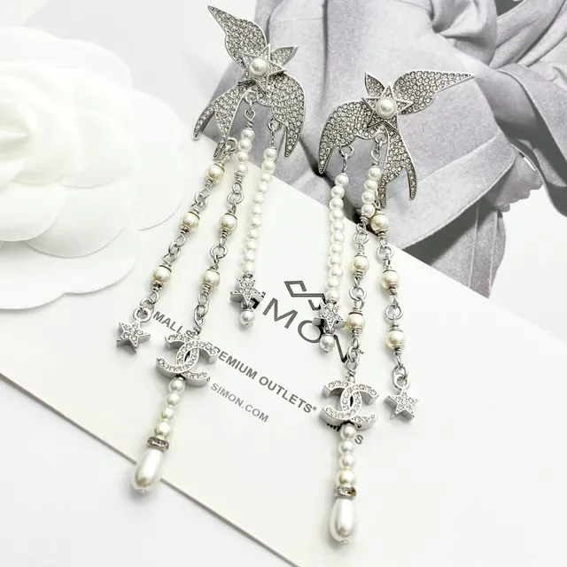 Chanel Silver White Crystal-Encrusted Bird-Top Multi-Strand Pearl Drop Earrings 8