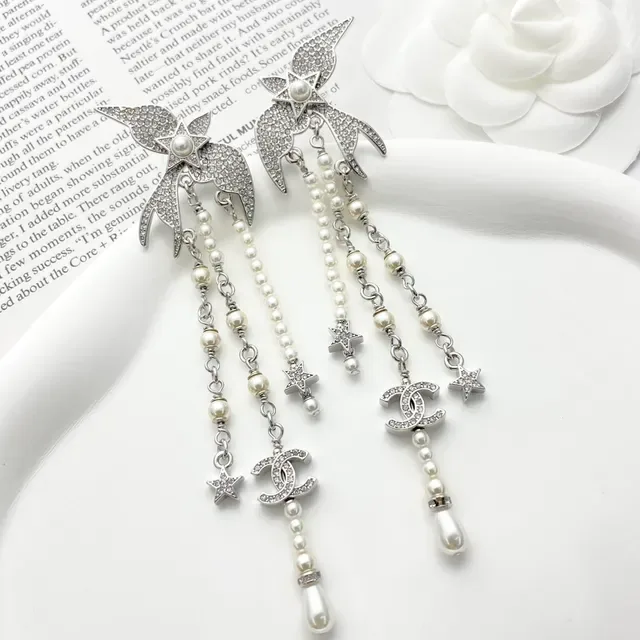 Chanel Silver White Crystal-Encrusted Bird-Top Multi-Strand Pearl Drop Earrings 9