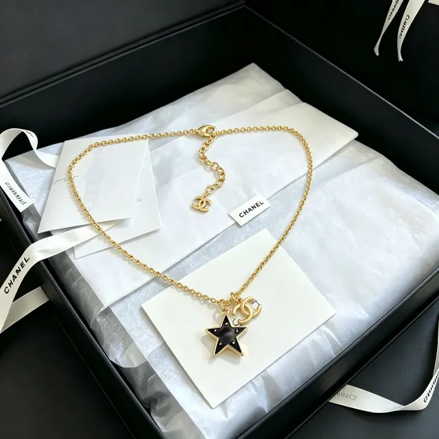 Chanel estrela dourado preto corrente Curb esmalte pingente colar 6