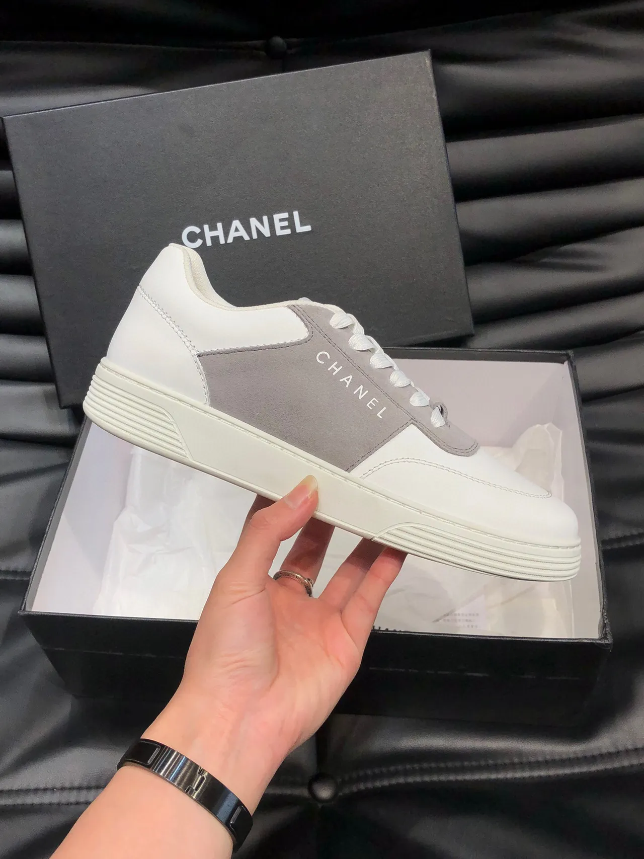 Chanel Two-Tone White and Gray Lifestyle Sneakers 5