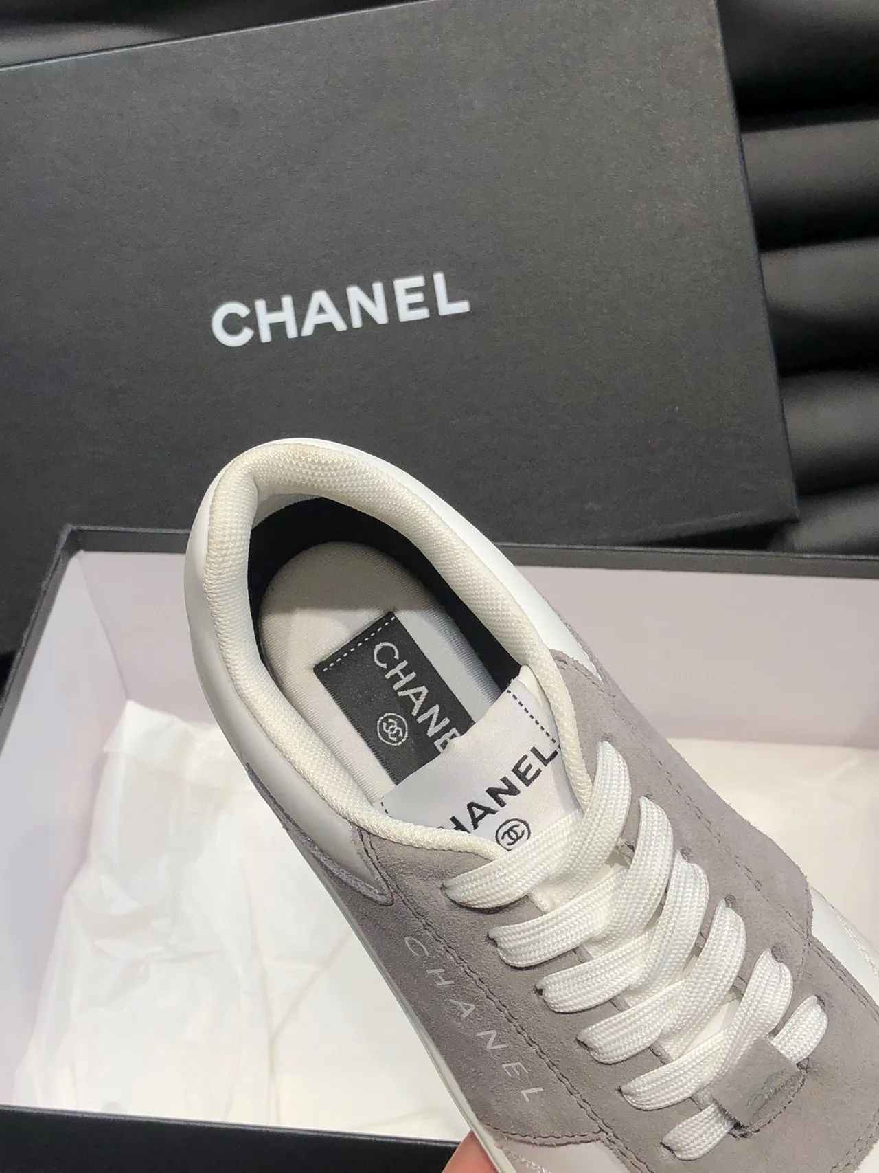 Chanel Two-Tone White and Gray Lifestyle Sneakers 8