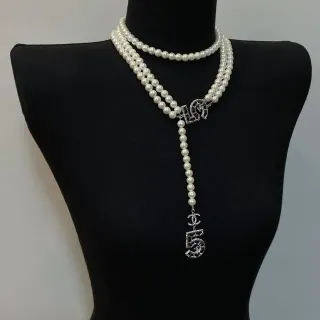 Chanel White Silver Multi-Strand Pearl Lariat Drop Necklace