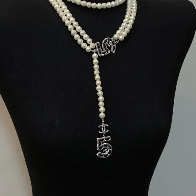 Chanel White Silver Multi-Strand Pearl Lariat Drop Necklace 2