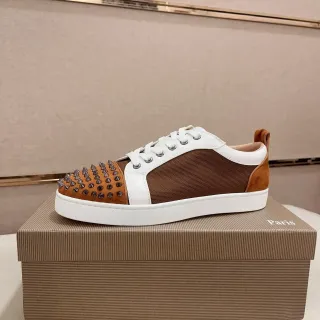 Christian Louboutin Brown White Spiked Toe Suede And Mesh Upper Lifestyle Sneakers