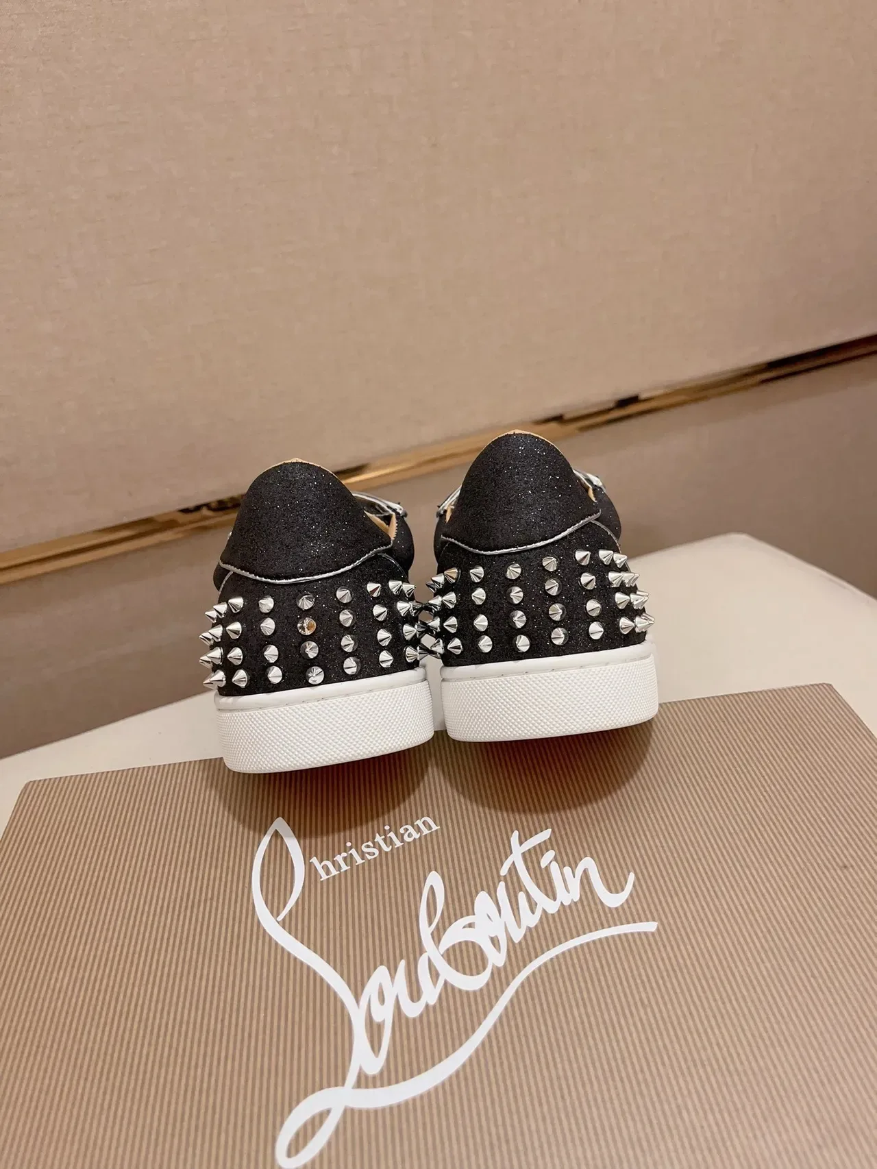 Christian Louboutin Studded Sneaker Black White Glitter Upper Conical Silver Studs Lifestyle Sneakers 3