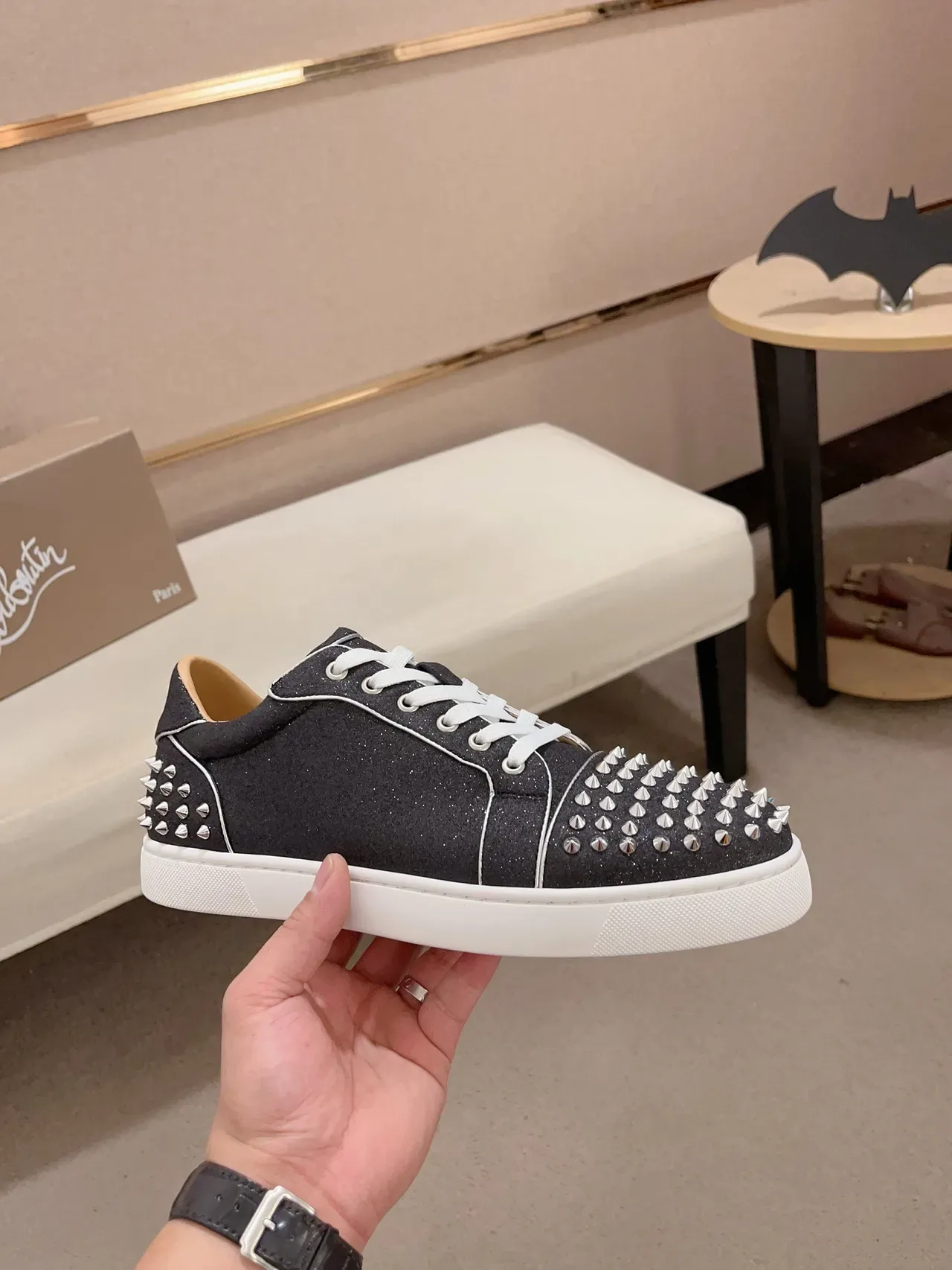 Christian Louboutin Studded Sneaker Black White Glitter Upper Conical Silver Studs Lifestyle Sneakers 4