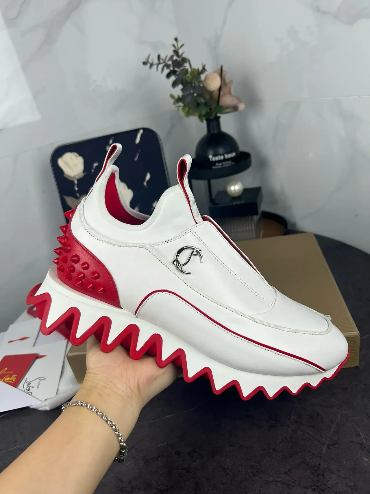 Christian Louboutin Blanc et Rouge Slip-On Talon Spiked Lifestyle Sneakers 2