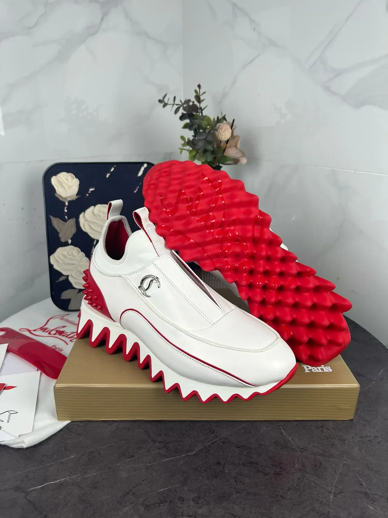 Christian Louboutin Blanc et Rouge Slip-On Talon Spiked Lifestyle Sneakers 3