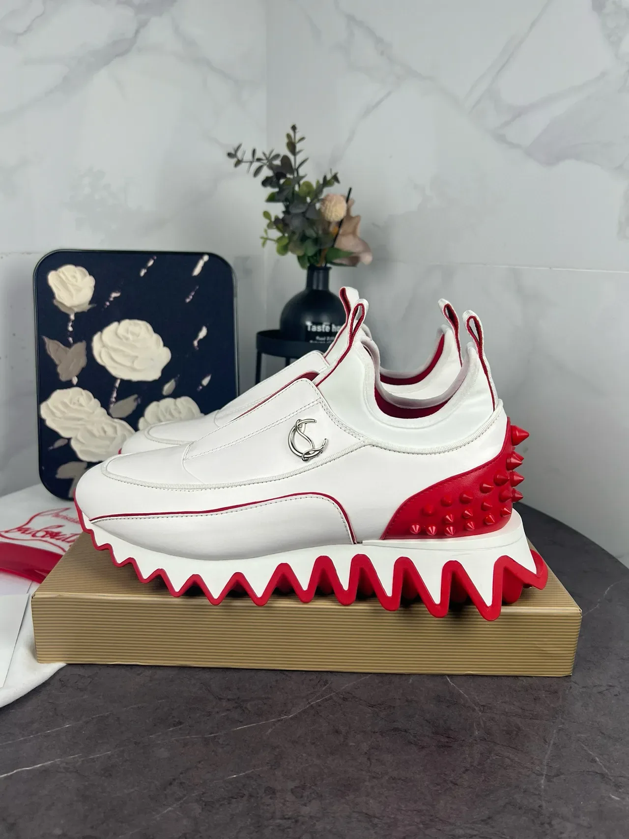 Christian Louboutin Blanc et Rouge Slip-On Talon Spiked Lifestyle Sneakers 4