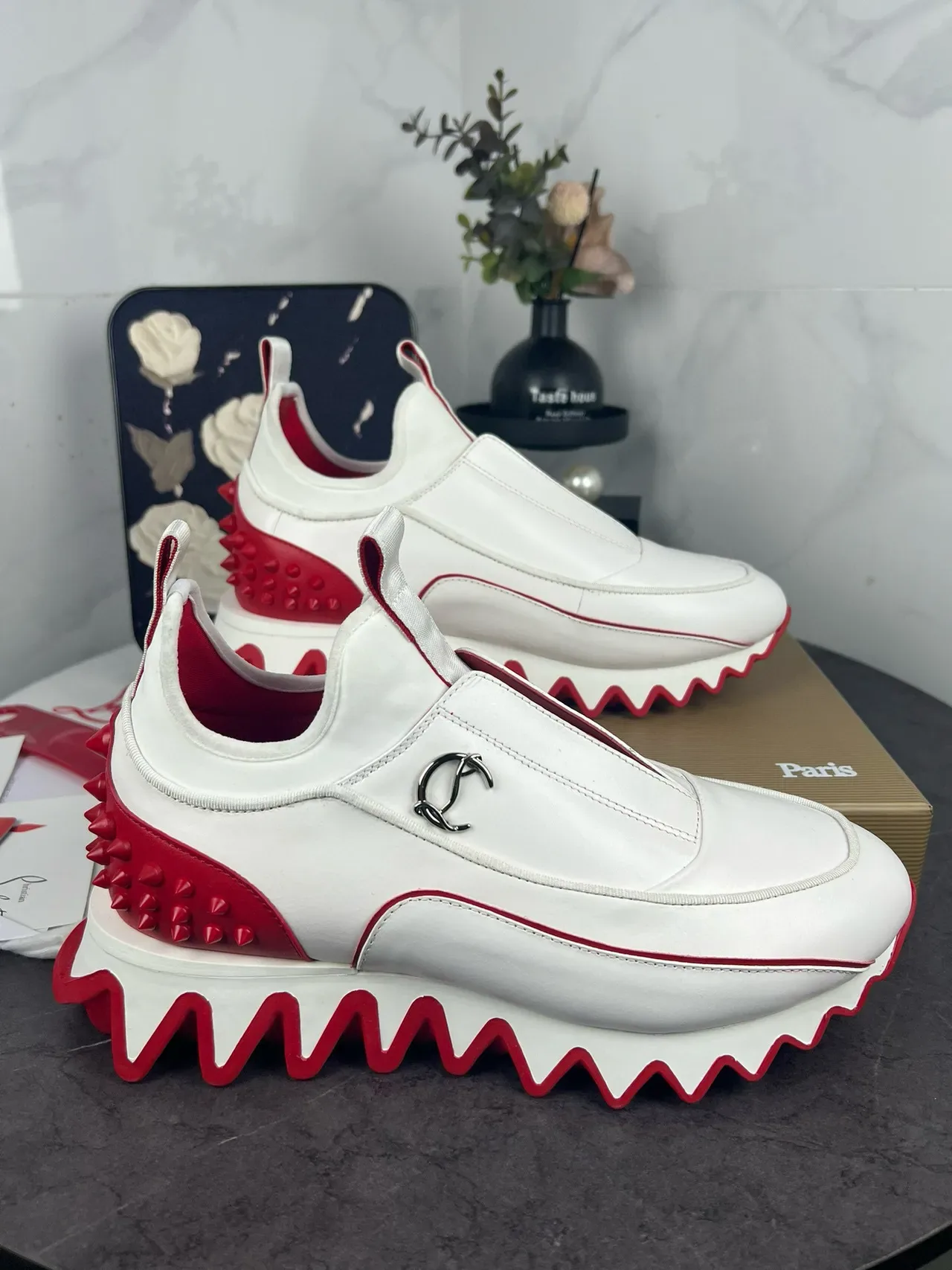 Christian Louboutin Blanc et Rouge Slip-On Talon Spiked Lifestyle Sneakers 7
