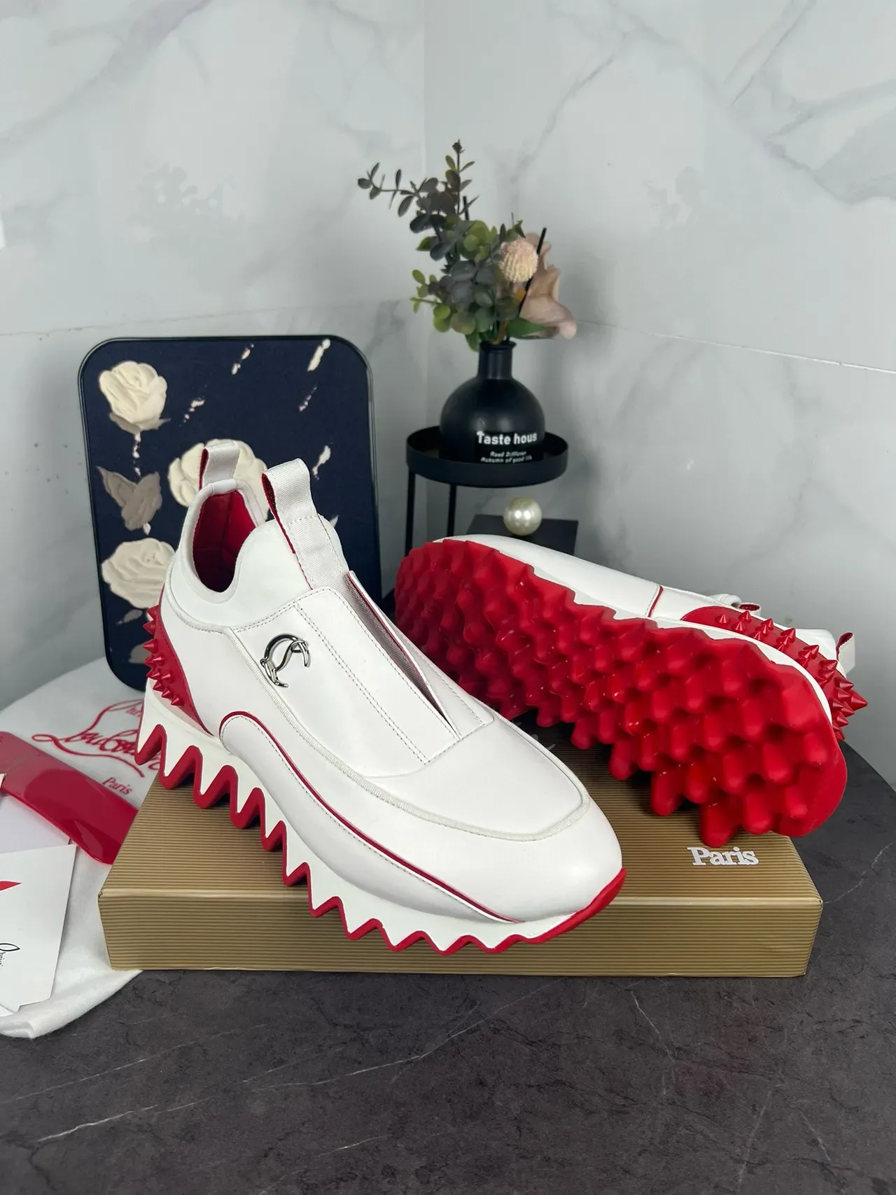 Christian Louboutin Blanc et Rouge Slip-On Talon Spiked Lifestyle Sneakers 9