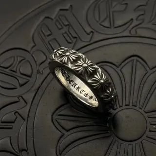 Chrome Hearts Floral Band Silver Black Motif Engraved Interior Ring