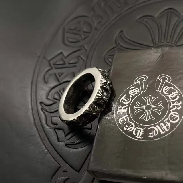 Chrome Hearts Faixa Floral Prata Preto Motivo Entalhado Interior Anel 5