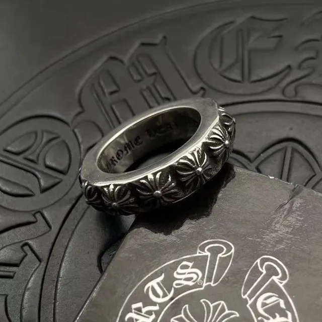 Chrome Hearts Faixa Floral Prata Preto Motivo Entalhado Interior Anel 6