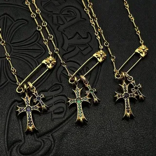 Chrome Hearts Safety Pin Cross Gold Multicolor Metal Clasp Necklace