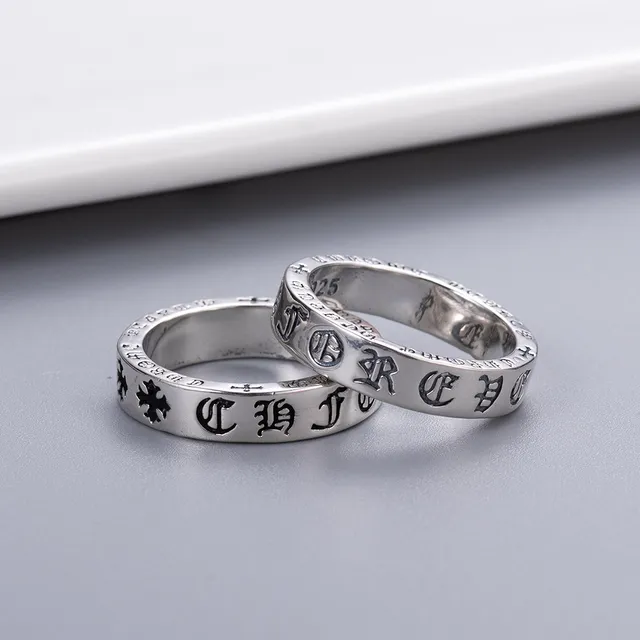 Chrome Hearts Script Band Cross Silver Black Engraved Maltese Motifs Ring 4