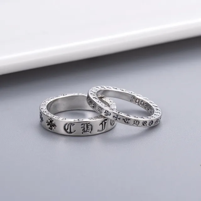 Chrome Hearts Script Band Cross Silver Black Engraved Maltese Motifs Ring 6