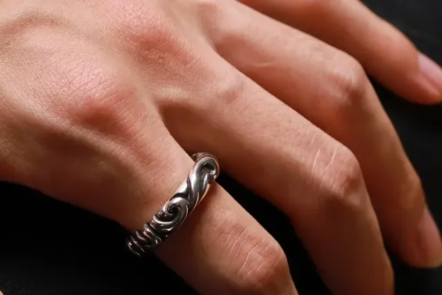 Chrome Hearts Scrollwork Ring Silver Black Engraved Gothic Script Raised Band Ring 5
