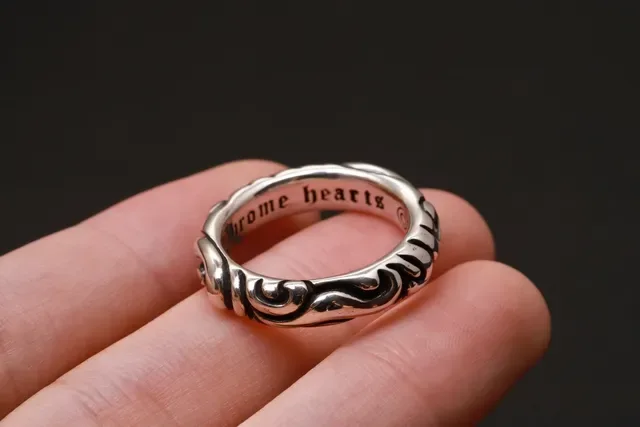 Chrome Hearts Scrollwork Ring Silver Black Engraved Gothic Script Raised Band Ring 6