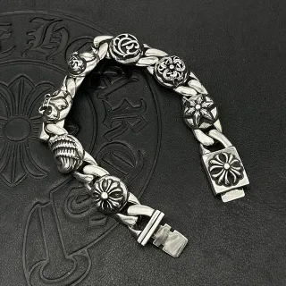 Chrome Hearts Signature Curb Link Floral Skull Bracelet