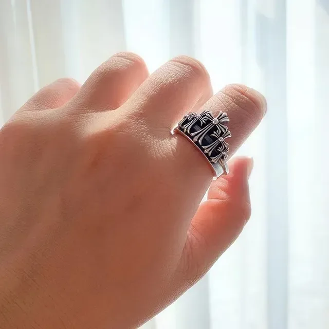 Chrome Hearts Silver Black Antiqued Cross Motif Ring 3