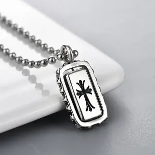 Chrome Hearts Silver Black Ornate Beaded Border Raised Rectangular Frame Necklace