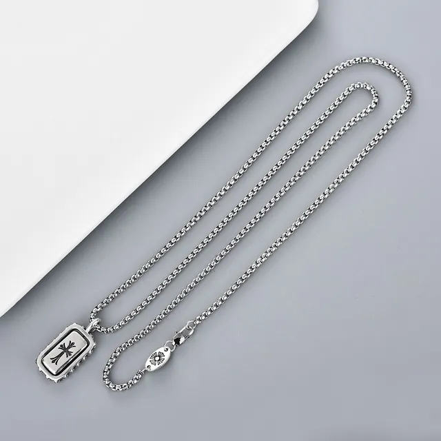 Chrome Hearts Silver Black Ornate Beaded Border Raised Rectangular Frame Necklace 3