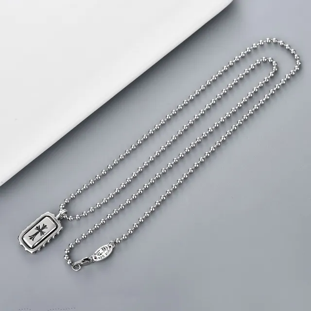 Chrome Hearts Silver Black Ornate Beaded Border Raised Rectangular Frame Necklace 4