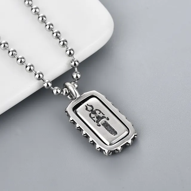 Chrome Hearts Silver Black Ornate Beaded Border Raised Rectangular Frame Necklace 5