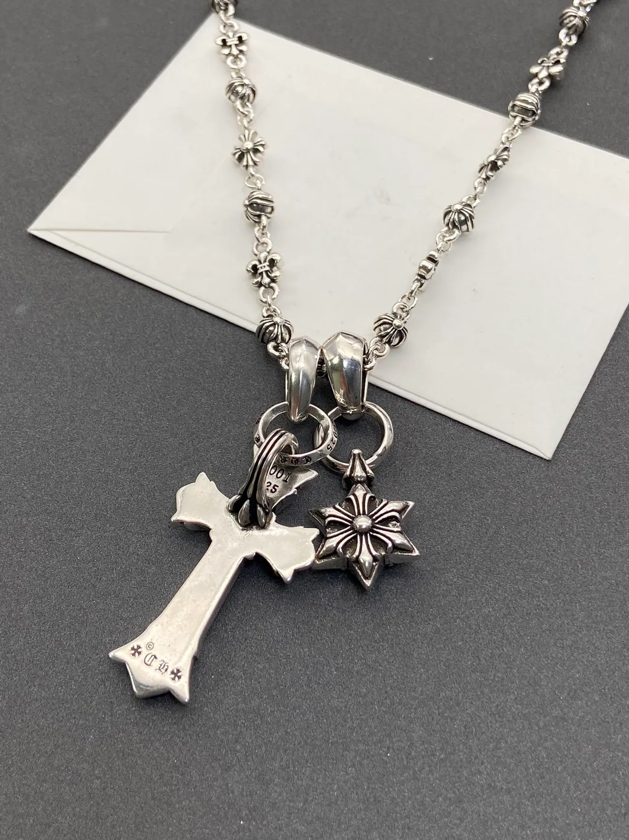 Chrome Hearts Collier Argent Chaîne à Maillons Fleur-de-Lis Pendentif Dual (Croix et Étoile) 3