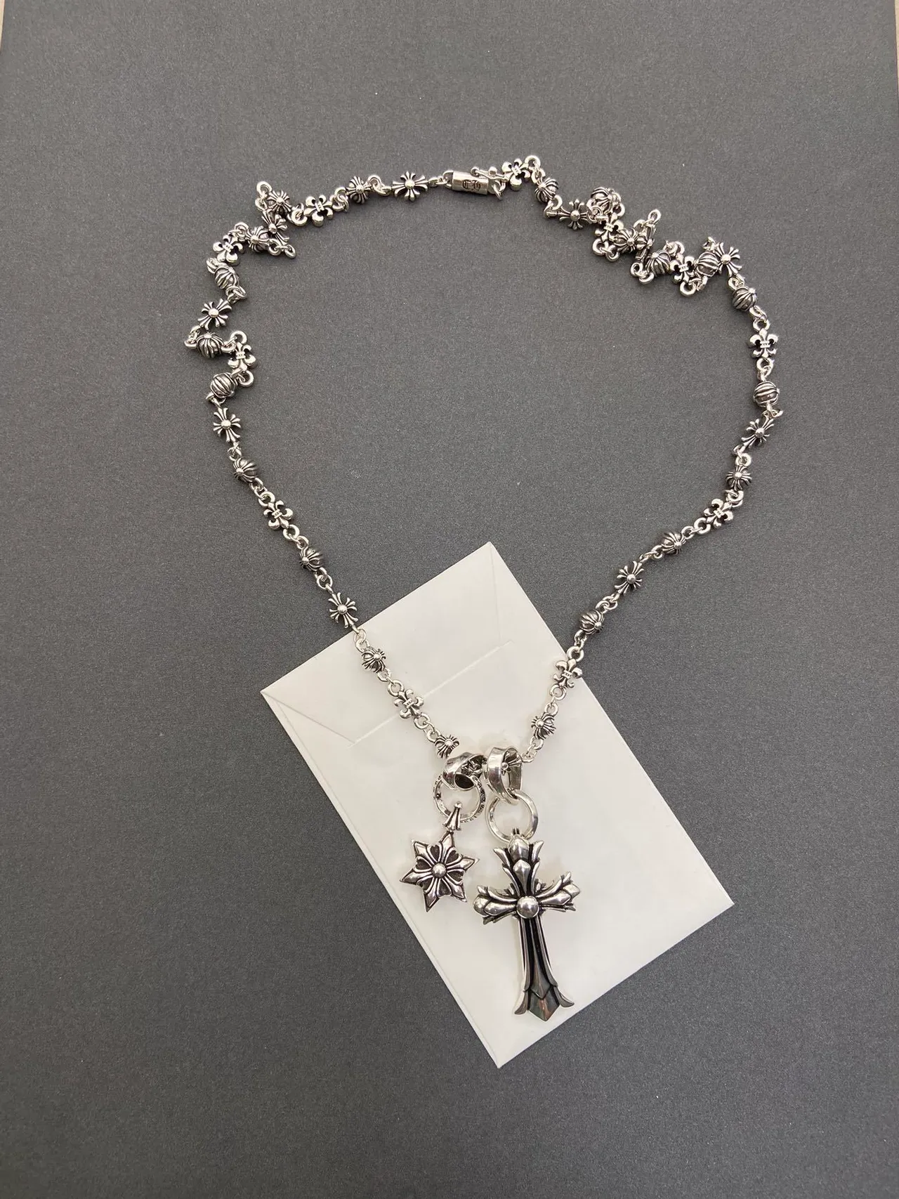 Chrome Hearts Collier Argent Chaîne à Maillons Fleur-de-Lis Pendentif Dual (Croix et Étoile) 4