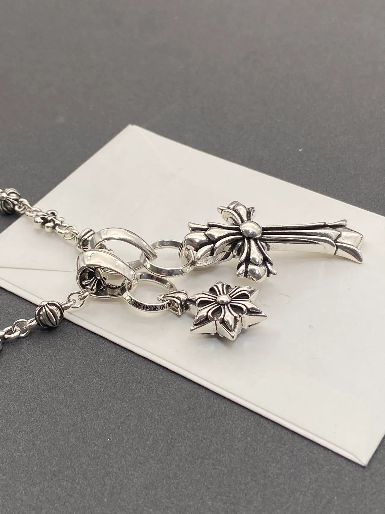 Chrome Hearts Collier Argent Chaîne à Maillons Fleur-de-Lis Pendentif Dual (Croix et Étoile) 5